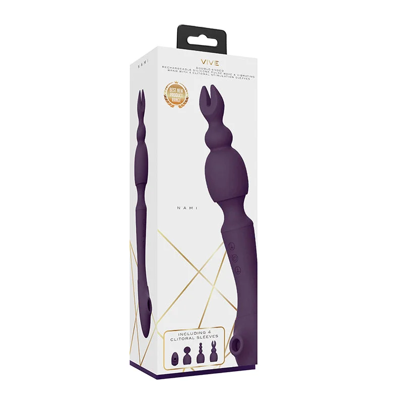 VIVE NAMI Dual-Ended Pulse Wave & Vibrating Wand With Interchangeable Sleeves Purple