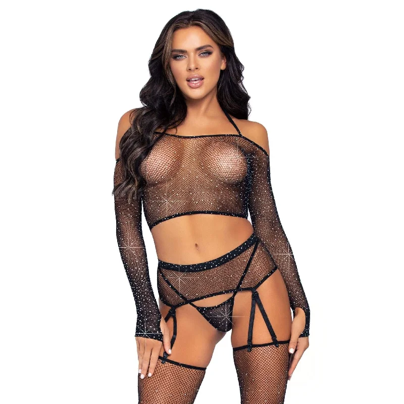 4 Piece Rhinestone Crop Top G-String Garter Belt and Stockings