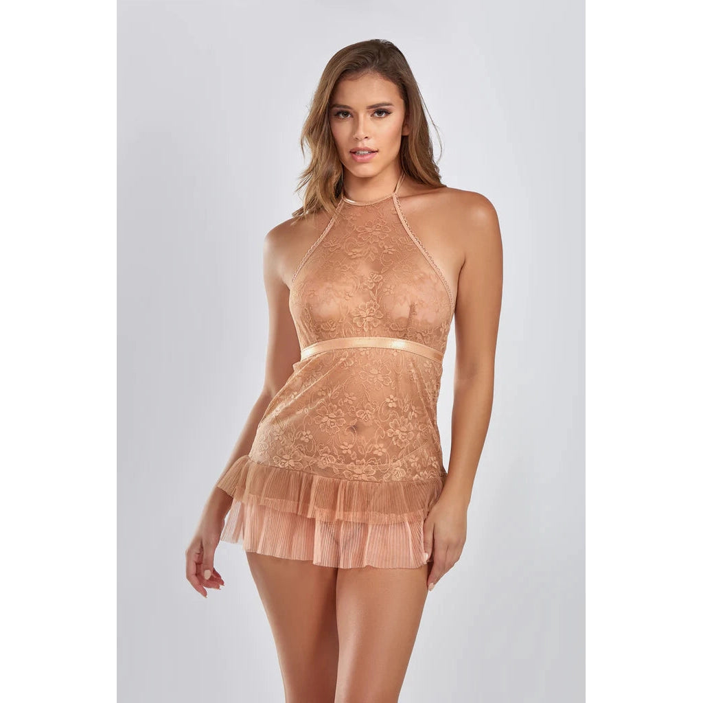 Amber Halter Lace Babydoll with Pleated Mesh Skirt Hem & G-String