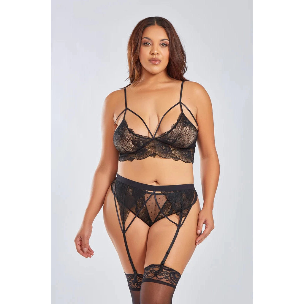 Everly Dot Mesh & Galloon Lace Strappy Bra, Garterbelt & Hipster Panty Black - Queen