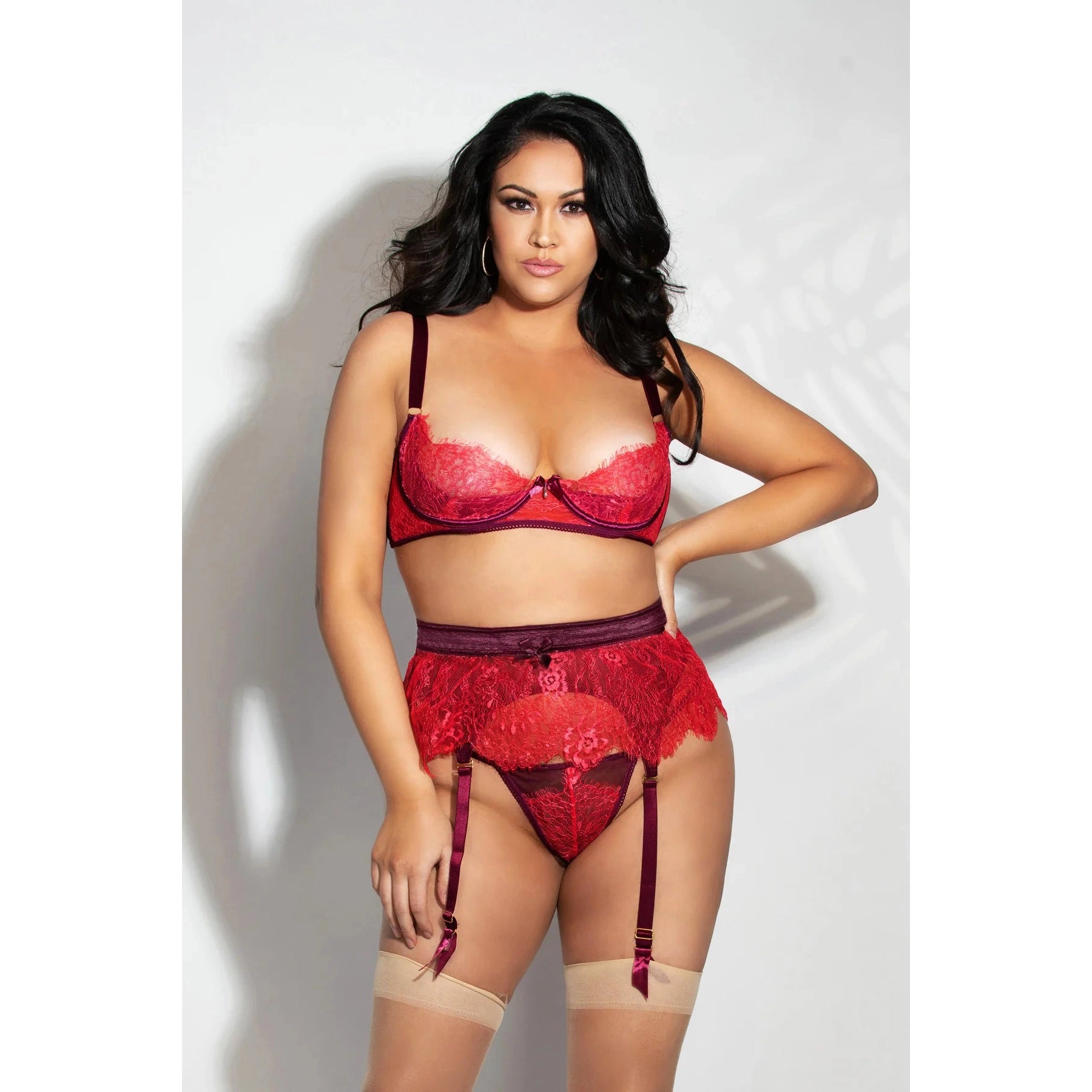 Eyelash Lace Underwire Bra, Garter Skirt & G-String