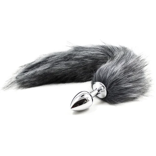 Grey faux fur Fox tail with metal butt plug MEDIUM