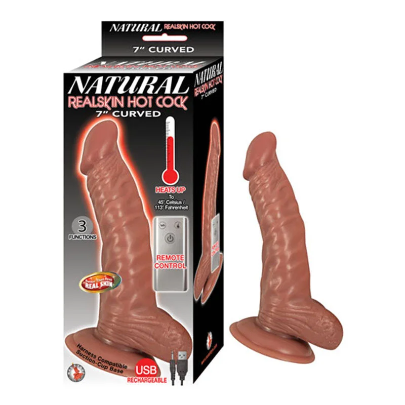 Natural Realskin Hot Cock Curved 7in Heats to 113 Degrees 3 Function Harness Compatible Rechargeable Waterproof Brown