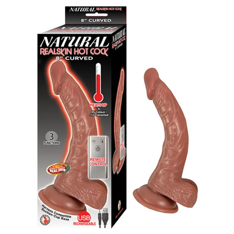 Natural Realskin Hot Cock Curved 8in Heats to 113 Degrees 3 Function Harness Compatible Rechargeable Waterproof Brown