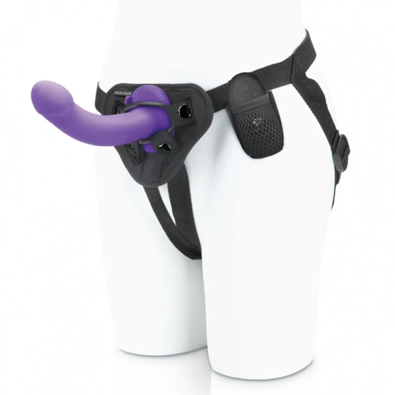 Pegasus 6 in. Curved Realistic Rechargeable Remote-Controlled Dildo & Harness Set Purple