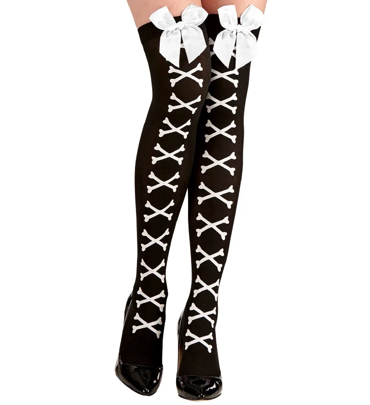 Crossbones Knee Socks with White Ribbon